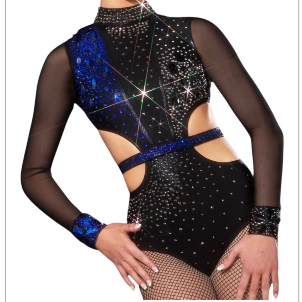 Glamour Adult LA Solo Dance Costume Black Blue Mesh Sleeve Contemporary Jazz